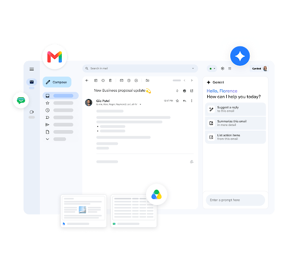 Official Google Workspace product illustration showing Gmail with the Gemini sidebar